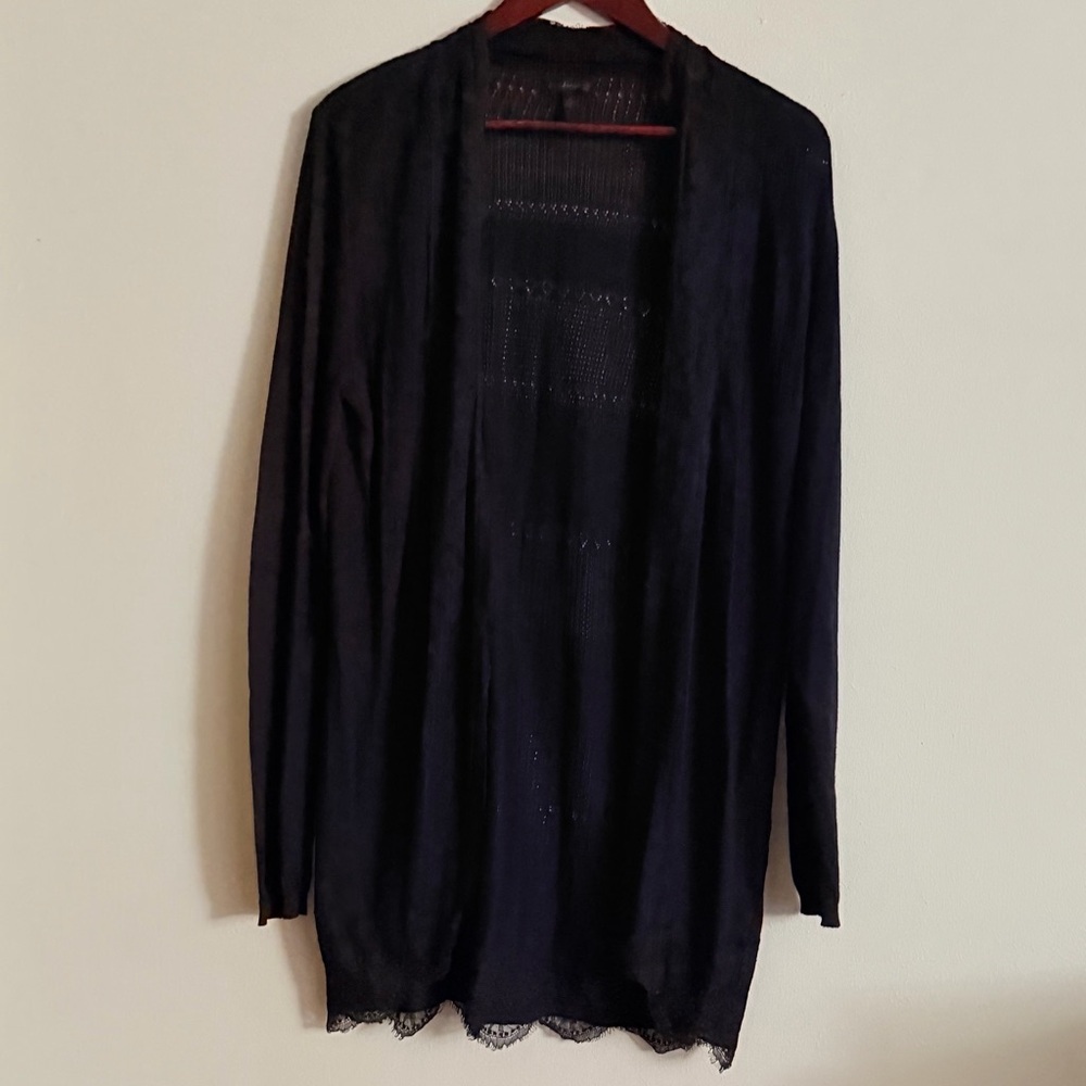 Soma Intimates | Black Lace Trim Longline Open-Front Cardigan | Medium